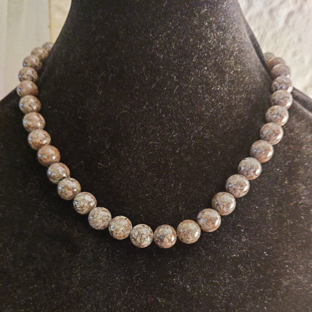 Brown snowflake jasper sterling silver 18" beaded necklace